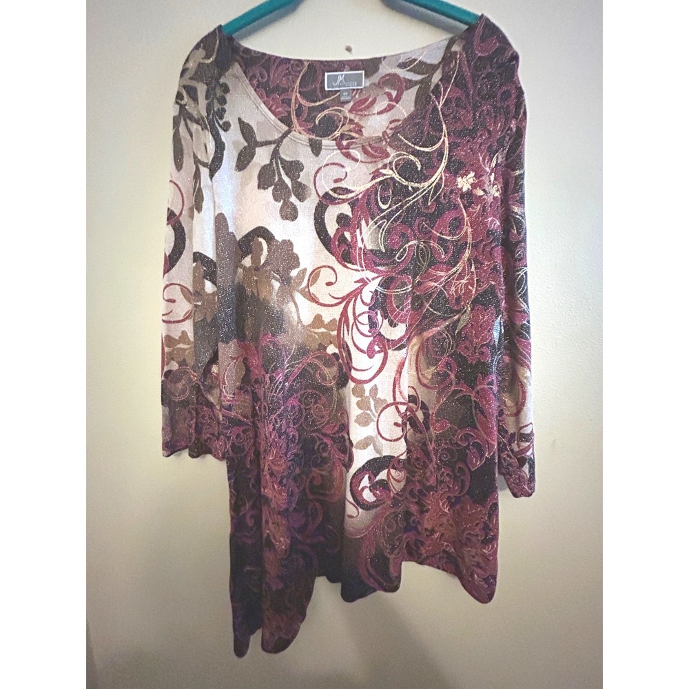 JM Collection Woman‎ Top Womens 0X Burgundy Gold Metallic Floral Excellent Tunic